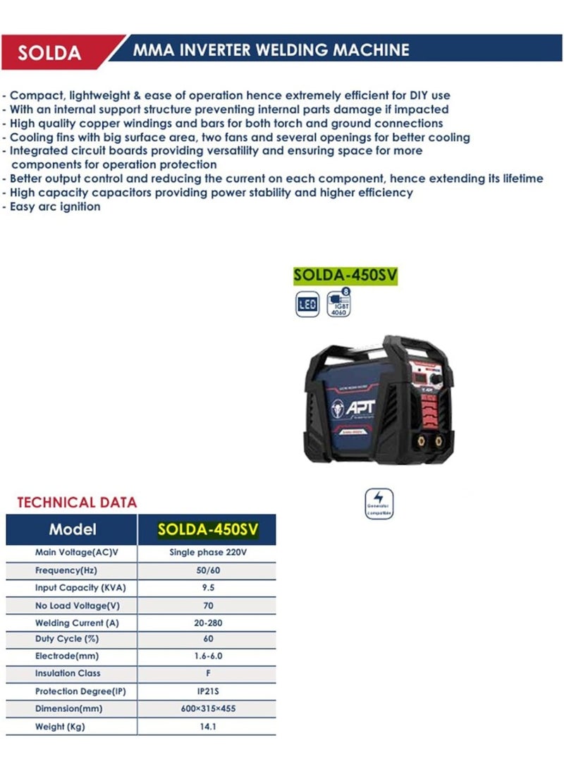 APT SOLDA 450 SV Welding Machine 280A Digital Inverter Welder with LED Display - Image 3